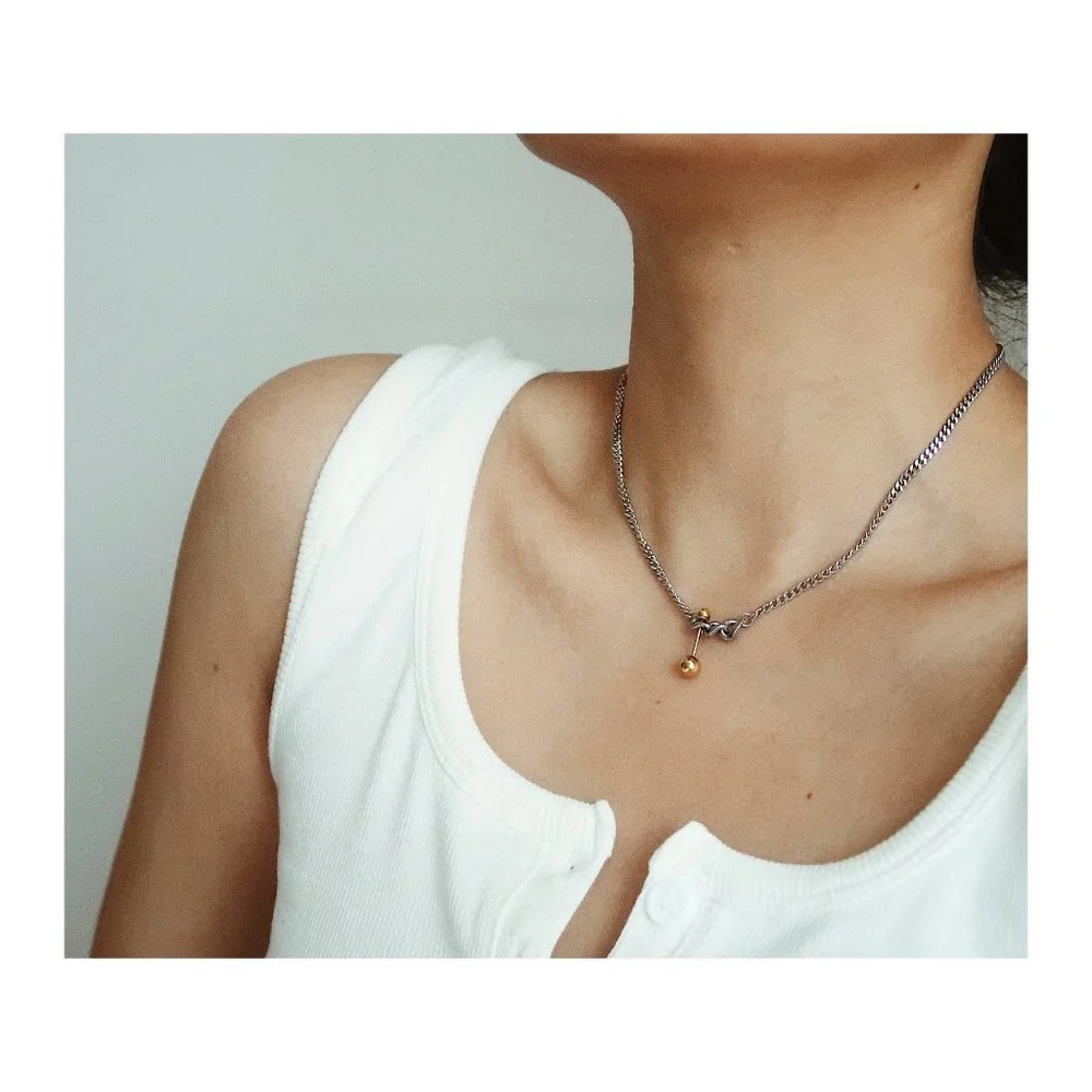 NEW Two Tone 18K Gold Plated Link Chain Gold Ball Bar Necklace